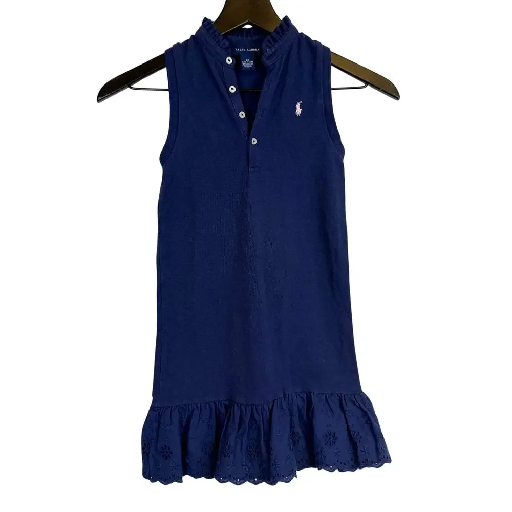 Ralph Lauren Girls Polo Ruffled Trim Dress Navy Blue - 6X